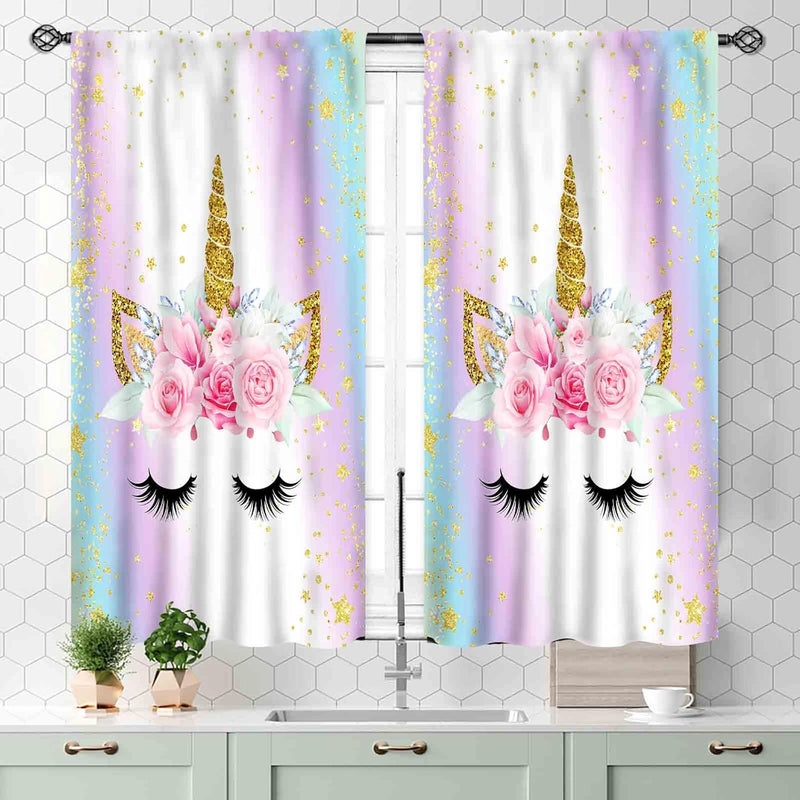 TKUYO Unicorn Curtains for Girls Bedroom, Ombre Rainbow Pink Gold Princess Unicorn Colorful Blackout Drpaes for Girls Kids Baby Room Living Room Nursery Window Treatments 2 Panels Sets, 55x39 Inch - Image 3